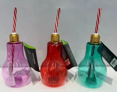 LED Light Bulb Cup with Straw & Lid 400ml PET Plastic Juice Bottle RGB Flash Drink Glasses for Glow Party Wedding Festival Decor