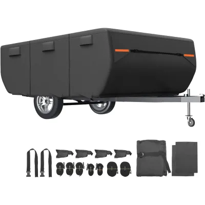 Reinforced Windproof Side-Straps Pop up Folding Camper Cover, Anti-UV Water-Resistance Triple Layers Heavy Duty for Trailer RV