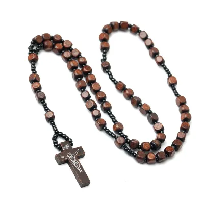 Faceted Wood Beads Catholic Rosary with Tiny Black Spacers and Wooden Crucifix, Durable Prayer Necklace Religious Church Gift