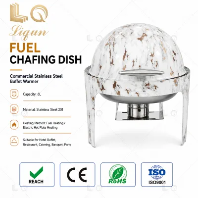 LQ 6L White Marble Round Buffet Stove Stainless Steel Solid Dome Lid Fuel and Electric Heating Hotel Restaurant Catering