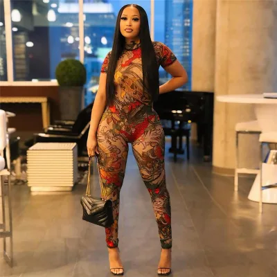 Y0032  2025 Summer New Women's Sexy Backless Fashion Printed Transparent Mesh Jumpsuit