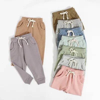 Hot Custom Print Trousers Lace-Up Elastic Waist Pockets Solid ColorOrganic Cotton Baby Boy Pants