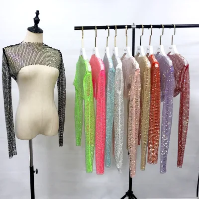 Sexy Crystals Beach Top Elastic Summer Rhinestone Long Sleeves Tank Top See Through Mesh Corp Top