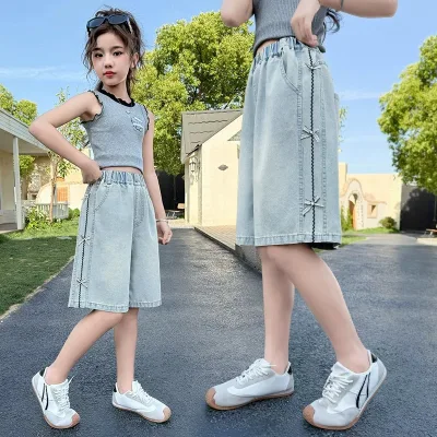 Girls Denim Shorts Summer Thin-Style Bow High Waist Elastic Waist for Older Kids Casual Fashionable