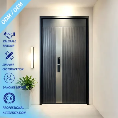 Simple Vertical Fluted Wood Grain Aluminum Front Door Middle Metal Bar Anti Theft Custom Apartment Entrance Security Door