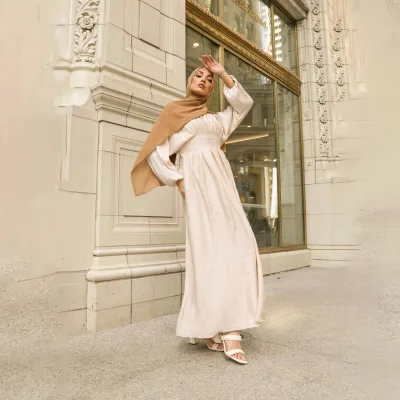 Aschulman Customization Women's Salamah Two Piece Prayer Set Amira Ivory Textured Maxi Dress Long Sleeve Modest Evening Dress