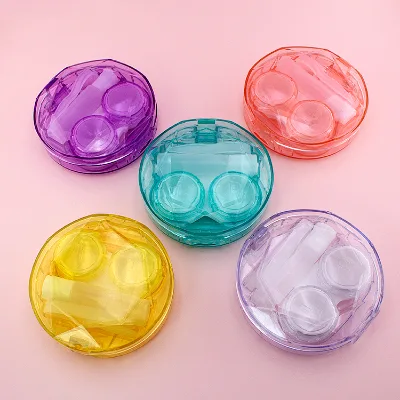 Round Cheap Candy Color Contact Lens Case Wearing Tools Couple Box Eyes Contact Lens Case With Tweezers Sucker