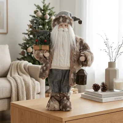 Grey Furry Santa Claus Decor Statues for Xmas Tabletop Noel Festival Gift Premium