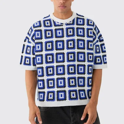 Custom Oversized Crochet Knit T-Shirt for Men Solid Pattern 3D Embroidery Technique