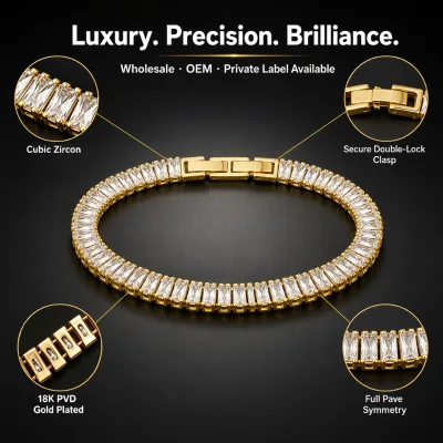 18K Gold Plated Baguette Cut Cubic Zirconia Tennis Bracelet Full Pave Luxury Stackable Wrist Jewelry OEM Wholesale Bulk