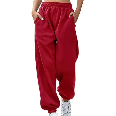 Women Red Loose Baggy Jogger Pants, Elastic High Waist Drawstring Casual Sweatpants with Pockets for Street Gym Lounge