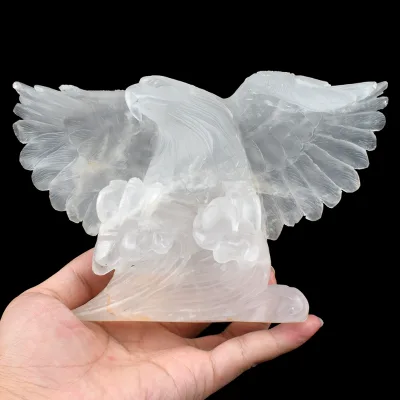 Realistic Hand Carved Clear Rock Quartz Gemstone Figurine Crystal Eagle Skull