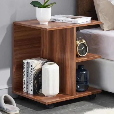 Modern Wood Nightstand Bedside End Side Table with Rolling Wheel, Wooden Night Stand with Open Shelf