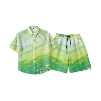 Soft Touch Polyester Anime Shirt Suit Custom Full Surface Print Cartoon Theme Button Down Shirt and Shorts Co-ord Sets