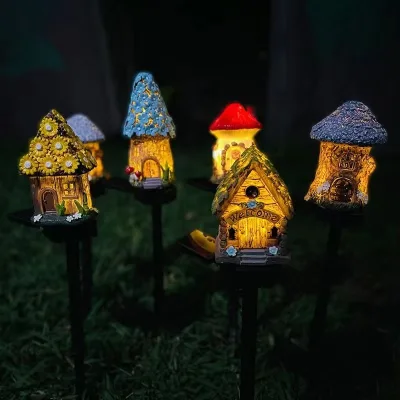 Modern IP65 Solar LED Miniature Fairy House Garden Light Outdoor Garden Decor Multi-Craft Resin Cottage Mushroom Lamp