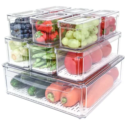 WholeSale Eco Friendly Transparent Kitchen Refrigerator Vegetables and Fruits Storage Plastic 14 Pack Fridge Organizer Sets
