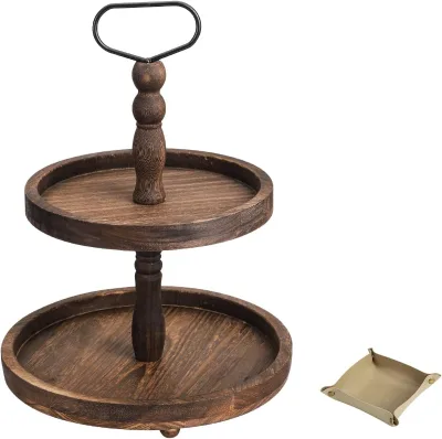 Hot Sale Farmhouse Wooden Decorative Two Tiered Trays,Wood 2 Tier Serving Tray Stand for Rustic Table Centerpiece,Kitchen Decor
