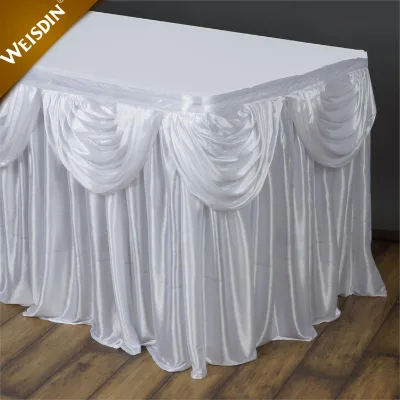 Customize White Fancy Wedding Ruffled Satin Table Skirts for Weddings Tradeshows Banquets
