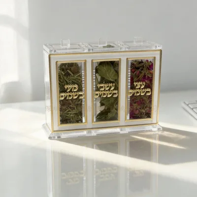 Transparent Acrylic Spice Box Gold Trim Three Compartments Hebrew-Inscribed Design for Jewish Incense Tea Seasoning Storage