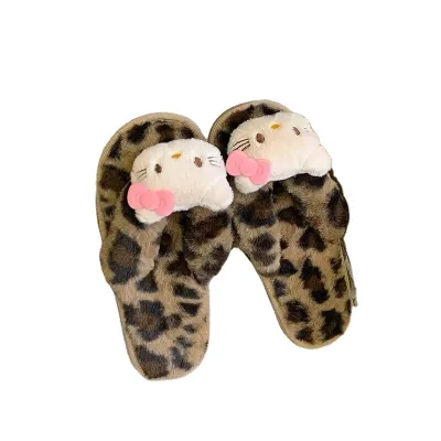 ML Anime Woman Plush Slippers Winter Plush Flip Flops Kawaii Leopard Print Warm Slippers Fashion Cute Warm Shoes