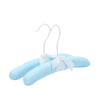 Blue Check Padded Fabric Hanger White Bow Hook for Hotel Guest Room Kids Silk Garment Storage