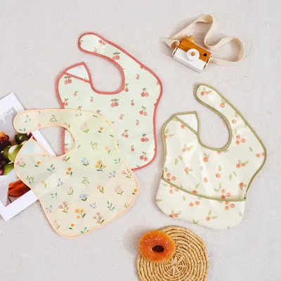 3Pieces BPA-Free Floral Print Waterproof Polyester Baby Bib Soft Hook & Loop Toddler Bib Custom Bib for Weaning