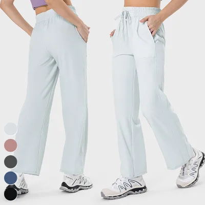 New Drawstring High Waist Butt Lifting Casual Sweatpants Double Pockets Straight Leg Fitness Pants Sports Sweatpants for Women