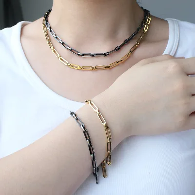 18K Gold Plated Paperclip Chain Necklace Stainless Steel Thin Rectangle Link Neck Chain Minimalist Unisex Neck Jewelry