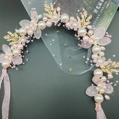 Flower Girl Headband for Wedding White Pearl Bridal Headpiece Crystals Headband With Ribbon Pearl Bridal Flower Headband