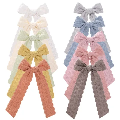 New Hair Clip Girls Ribbon Hair Bows Blue Ribbon Bows Flower Pattern Embroidered Kids Hair Clip Bow with Long Tassel