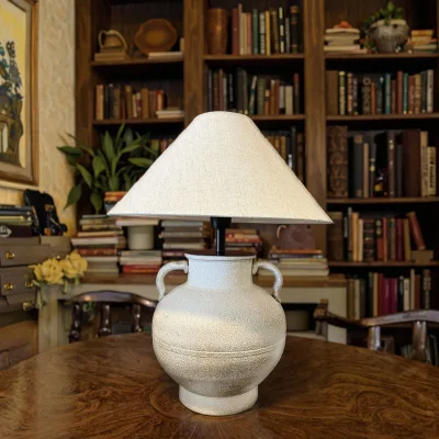 Wabi Sabi Style Handmade Ivory Ceramic Table Lamps 2 Handles Farmhouse Desk Lights with Night Lights Crock Pot Design