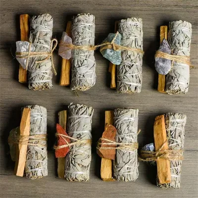 New Arrivals 10cm Cheap Californian Dried White Sage Smudging Palo Santos Sticks With Raw Gemstone Sets for Incense