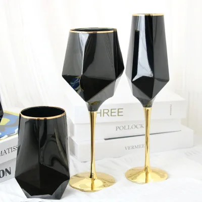 Luxury Solid Black Red Wine & Champagne Glass Solid Black Color Gold Rim Classic High-End Household European Wine Glass