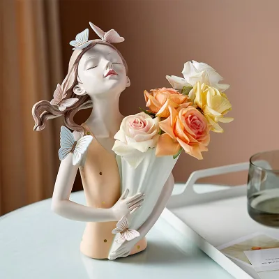 Wholesale Home Decoration Resin Artificial Girl With Butterflies Sculpture Statue Vase