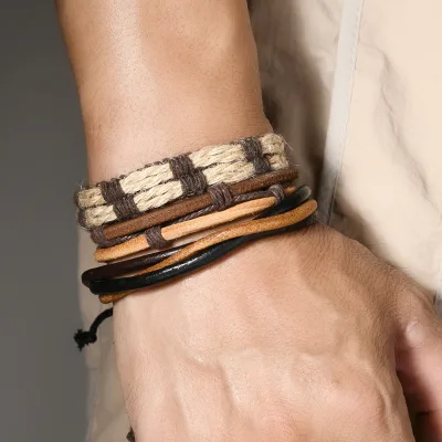 New Fashion 4pcs/set Multi-layer DIY Hand Weave Leather Bracelets Handmade Woven Artistic Retro Bracelet Set