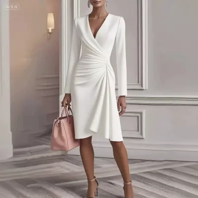 2026 New European and American Style Sexy Slim-fitting Pure Color Pencil Skirt Long-sleeved V-neck Pleated Design Sense Dress