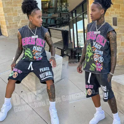 Custom Sleeveless T Shirt 2 Piece Set Cotton Screen Print Acid Wash Vest Tracksuit Jogger Tshirts and Raw Hem Shorts Set for Men