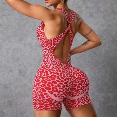 Custom Logo Criss Cross Cutout Back Leopard Print Short Yoga Jumpsuit Women Scrunch Butt Fitness Bodysuit