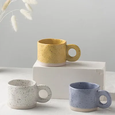 Ins Nordic Speckled Stoneware Coffee Mug Large Ring Loop Handle Ceramic Cup Spray Painting Glaze Custom Logo Home Office Gift