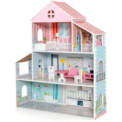 PERFECT GIFT CHOICE Wooden Dollhouse Kids Doll House with Simulated Luxury Furniture Set for Girls Toddlers