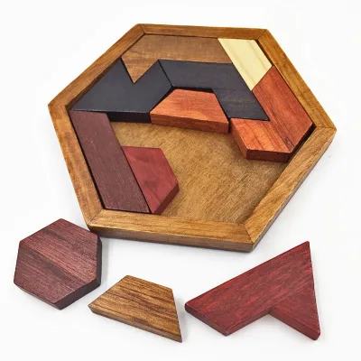 Wooden Hexagon Puzzle Block Tangram Brain Teaser Toy Geometry Logic IQ Game Montessori Kids Educational Gift