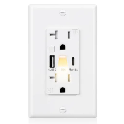 20A USB Type-C ABS Tamper Resistant Wall Outlet with Night Light American Standard Wall Socket