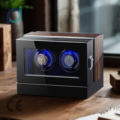 Wooden Touch Screen Watch Winder 2 Rotors Display Box Winder Shaker New Watch Winder with Silver Hinge Lock for 2 Watches