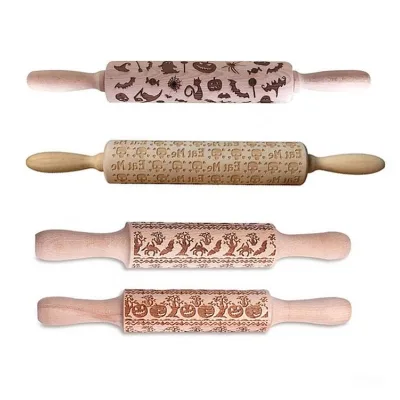 Rolling Pin With Flowers Pattern 304 Stainless Steel 2Pcs Wooden Pins Small No Handles Cat Embossed Christmas Diy