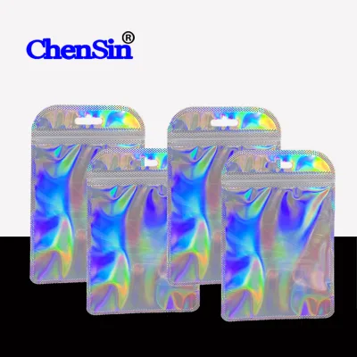 Long Size Plastic Bag Holographic Packaging Resealable Zip Bags with Hanging Hole
