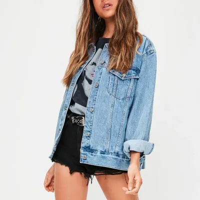 Custom Autumn Spring Long Sleeve Denim Sand Wash Vintage Stone Washed Women Jean Jacket Cotton Blue Plain Denim Jacket for Women