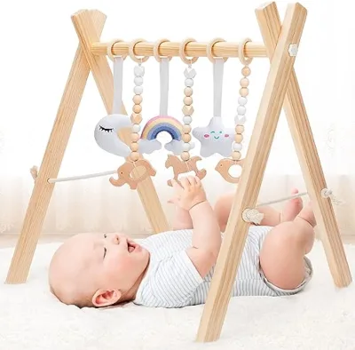 Wooden Baby Gym with 6 Toys Foldable Baby Play Gym  Infant Activity Gym for 0-3-6-12 Months Wooden Foldable Frame Bar