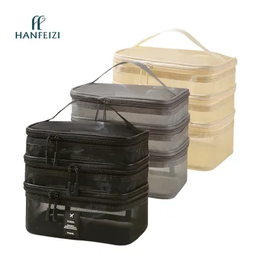HANFEIZI Mesh Makeup Bags Hard Nylon Plastic Carrying Tote Three Layers Make up Organizer Bag for Toiletries Brushes
