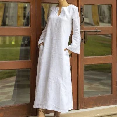 African Islam Summer Solid Caftan V-neck Abaya Linen Polynesian Dress Church Dresses for Women