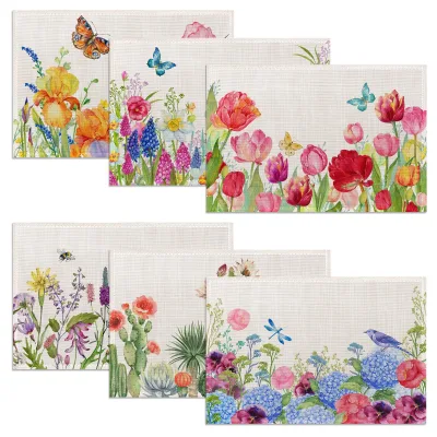 Bulk Wholesale Spring Printed 100% Polyester Placemat Set 4 Lavender Tulip Holiday Decor Washable Kitchen Dining Table Party